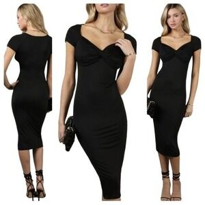 Hidden Brand Sweetheart Neckline Twist Front Bodycon Midi Dress Size L Glam